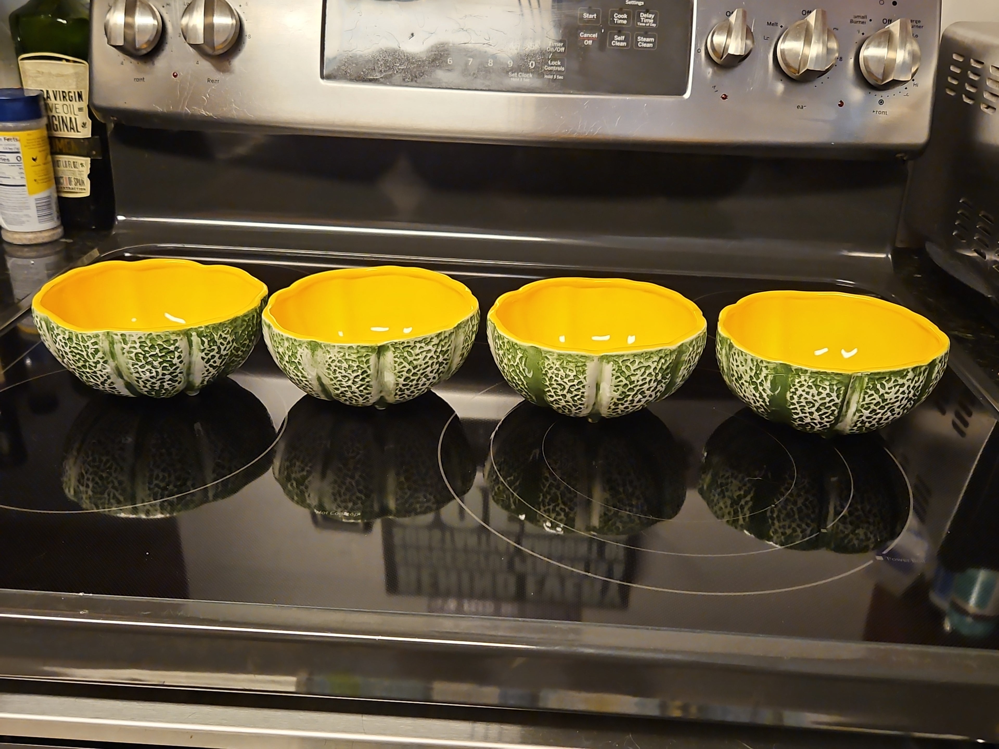 Set Of 4 Vintage Majolica Knobler Style Ceramic Cantaloupe Bowls EUC
