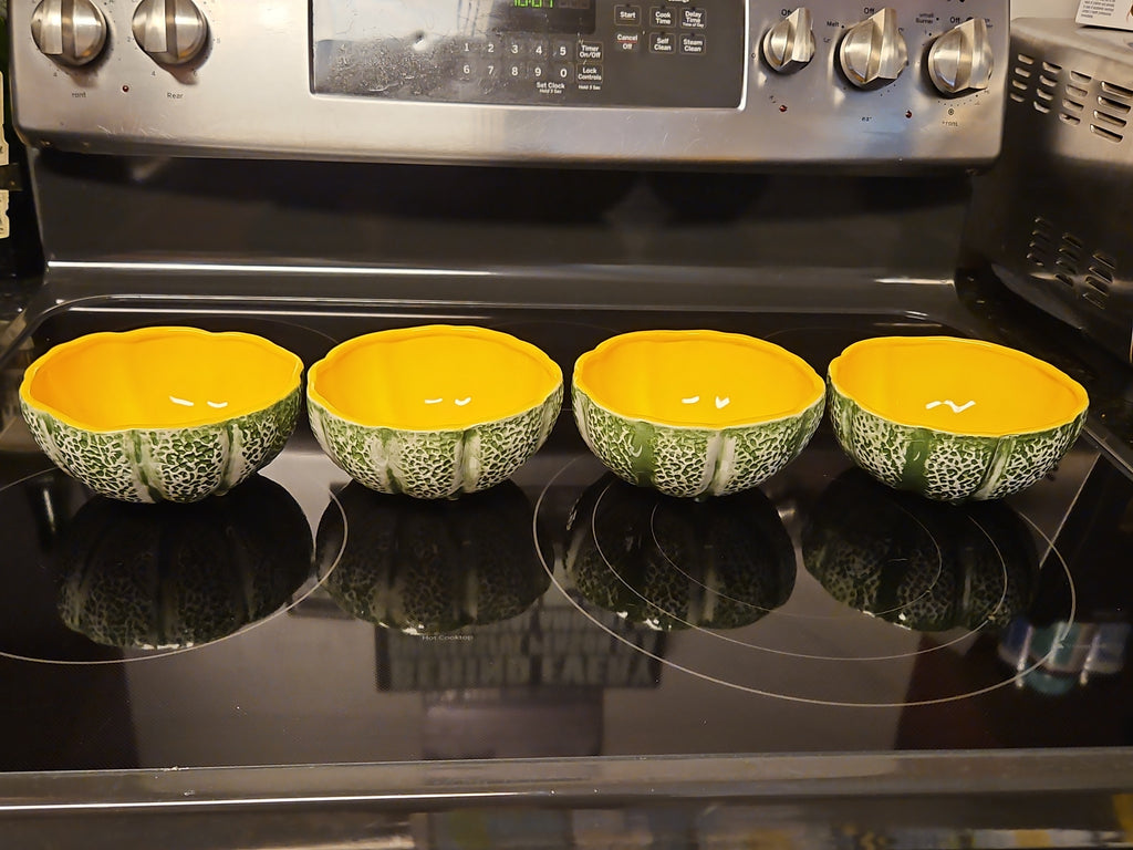 Set Of 4 Vintage Majolica Knobler Style Ceramic Cantaloupe Bowls EUC