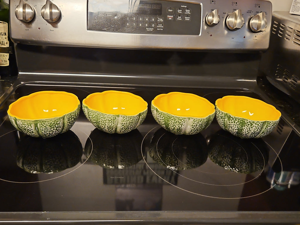 Set Of 4 Vintage Majolica Knobler Style Ceramic Cantaloupe Bowls EUC