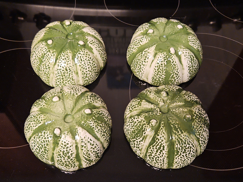 Set Of 4 Vintage Majolica Knobler Style Ceramic Cantaloupe Bowls EUC