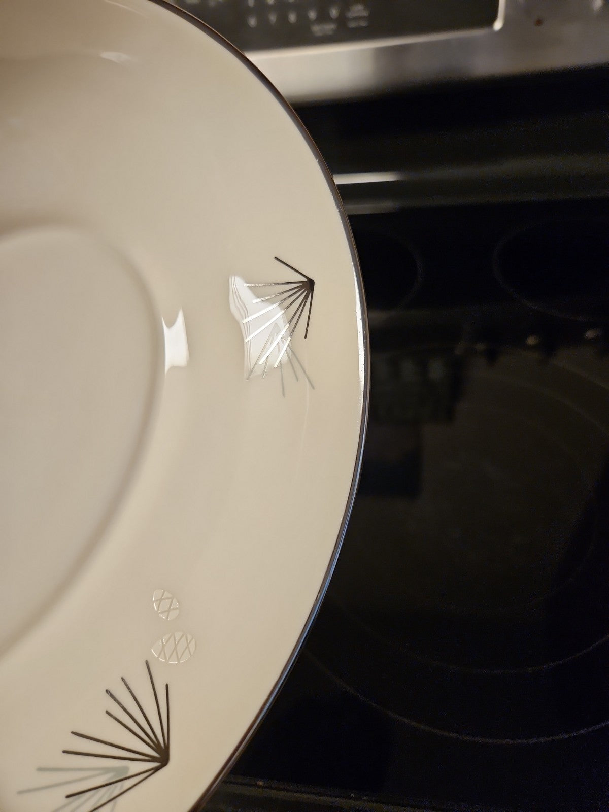 Vintage MCM Franciscan Silver Pine Atomic Pine Cones Oval Serving Bowl 8.75" EUC