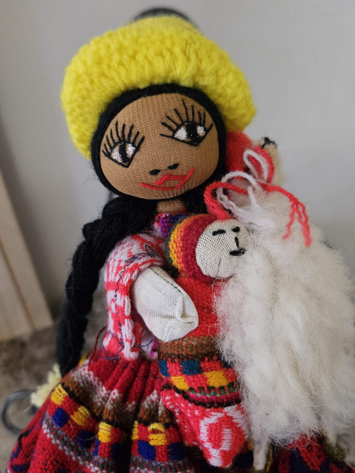 Vintage Peruvian Folk Art Hand Made Cloth Rag Doll 11” With Llama & Baby