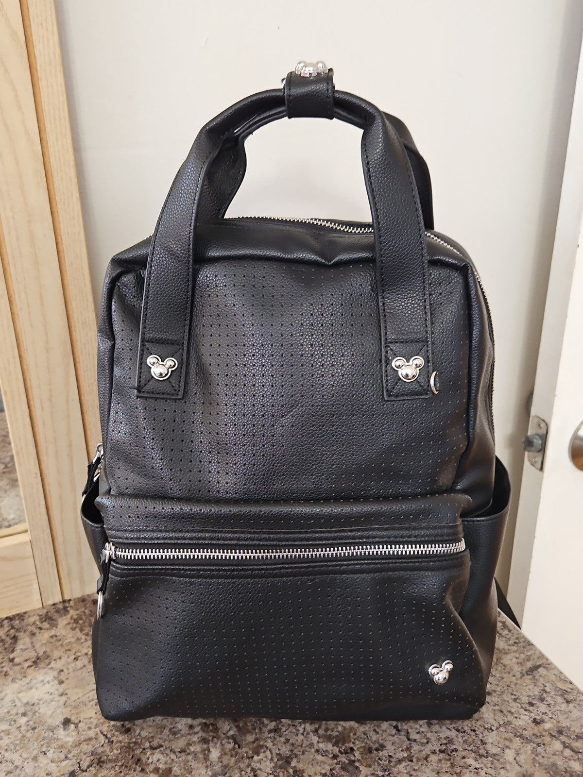 Disney Mickey Mouse Icon Flair Pin Black Faux Leather Backpack Retired Style
