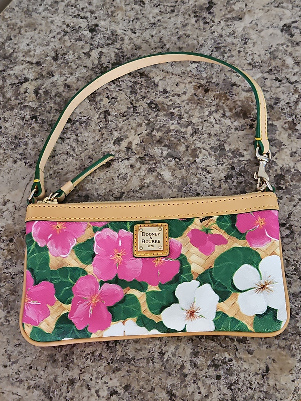 Dooney & Bourke Pink And White Tropical Pansies & Hibiscus Basketweave Wristlet
