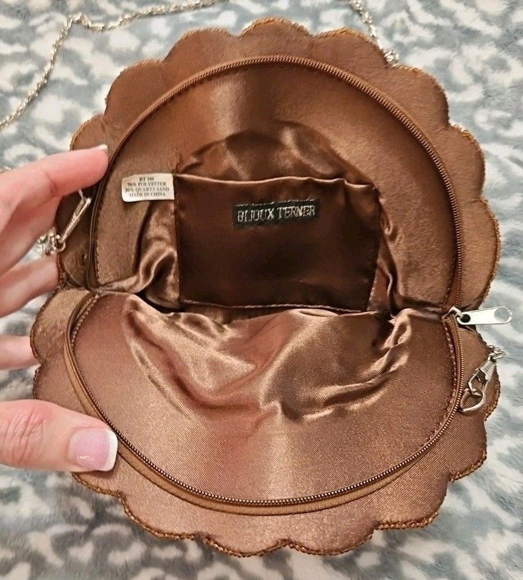Vintage BIJOUX TERNER Beaded Satin Evening Bag Purse 8"x6" Brown Floral Design