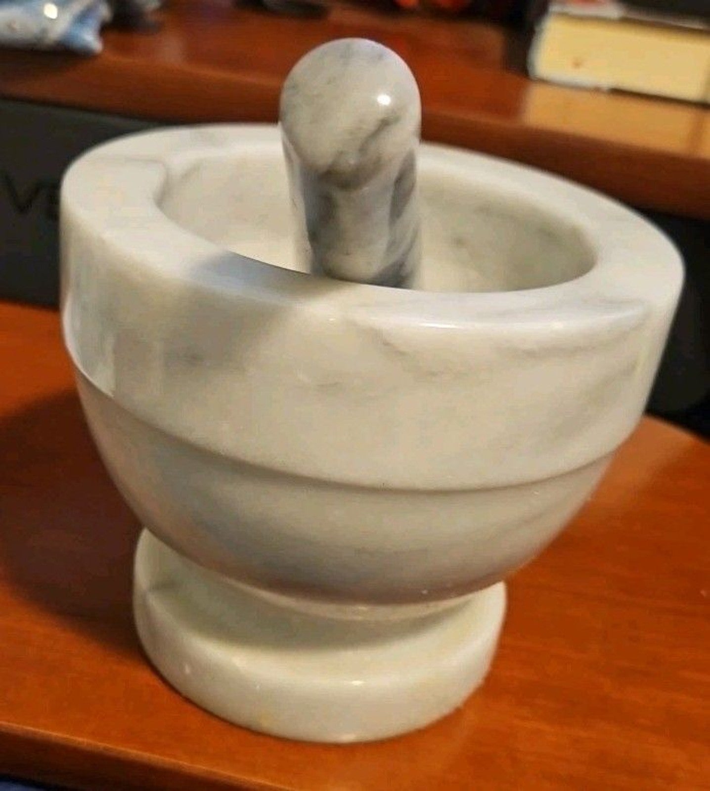 Elegant Vintage 90's White & Grey Marble Mortar & Pestle 5" X 4.25"