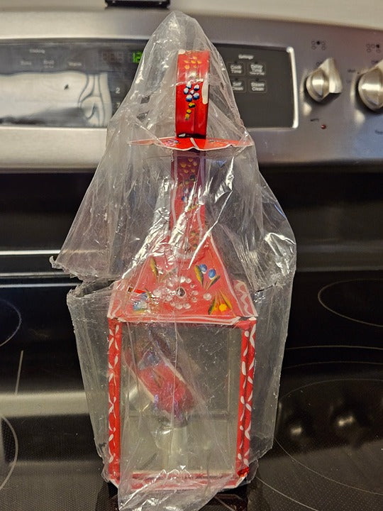 NIP Vintage Style Rustic Folk Art Painted Tin Oil Lantern Tramp Art Red