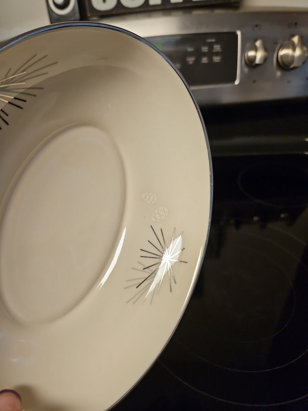 Vintage MCM Franciscan Silver Pine Atomic Pine Cones Oval Serving Bowl 8.75" EUC