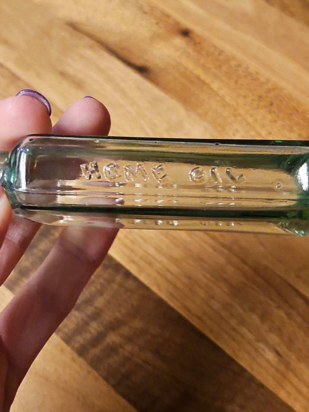 Antique 1890's Clear Blown Glass Home Oil Bottle Green Tint Sample Size 4.25"