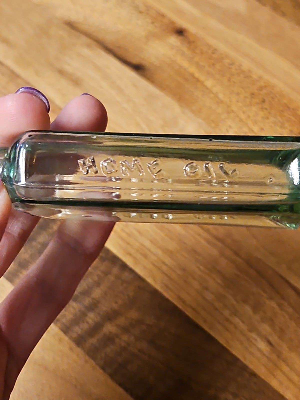 Antique 1890's Clear Blown Glass Home Oil Bottle Green Tint Sample Size 4.25"