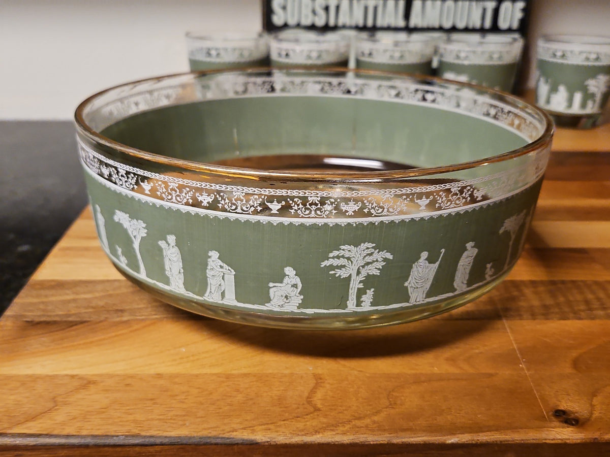 Vintage MCM Jeannette Glass Hellenic Green Grecian Serving Bowl With 5 Tumblers