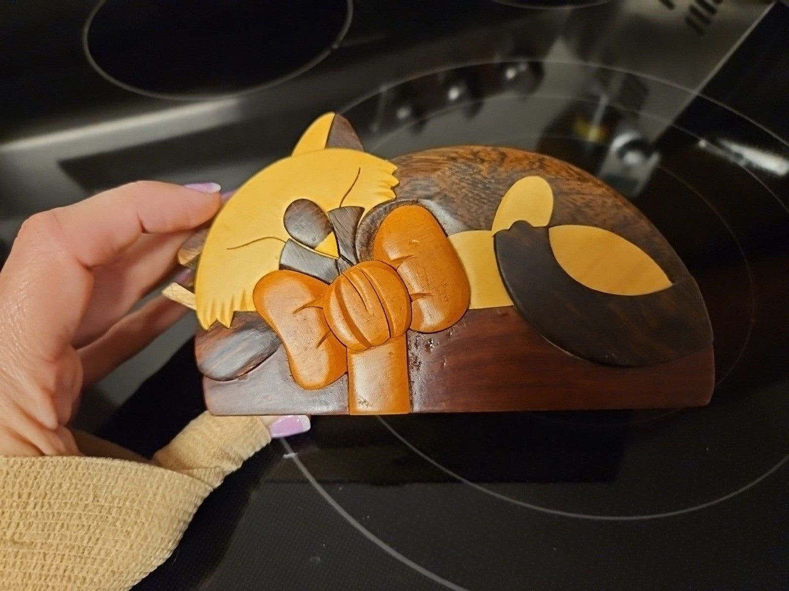 Carver Dan Wooden Sleeping Cat Puzzle Box Trinket Jewelry Box Hidden Compartment