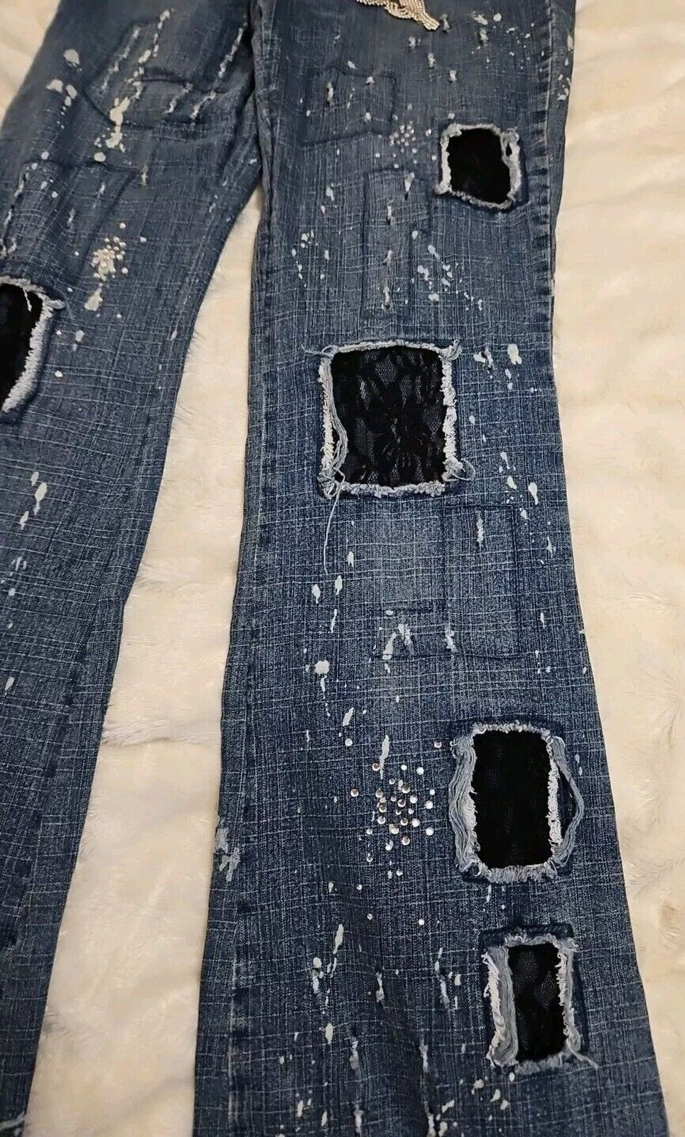 Blue Asphalt Women's Vintage Y2k Jeans Size 3 Paint / Black Lace / Chain Detail