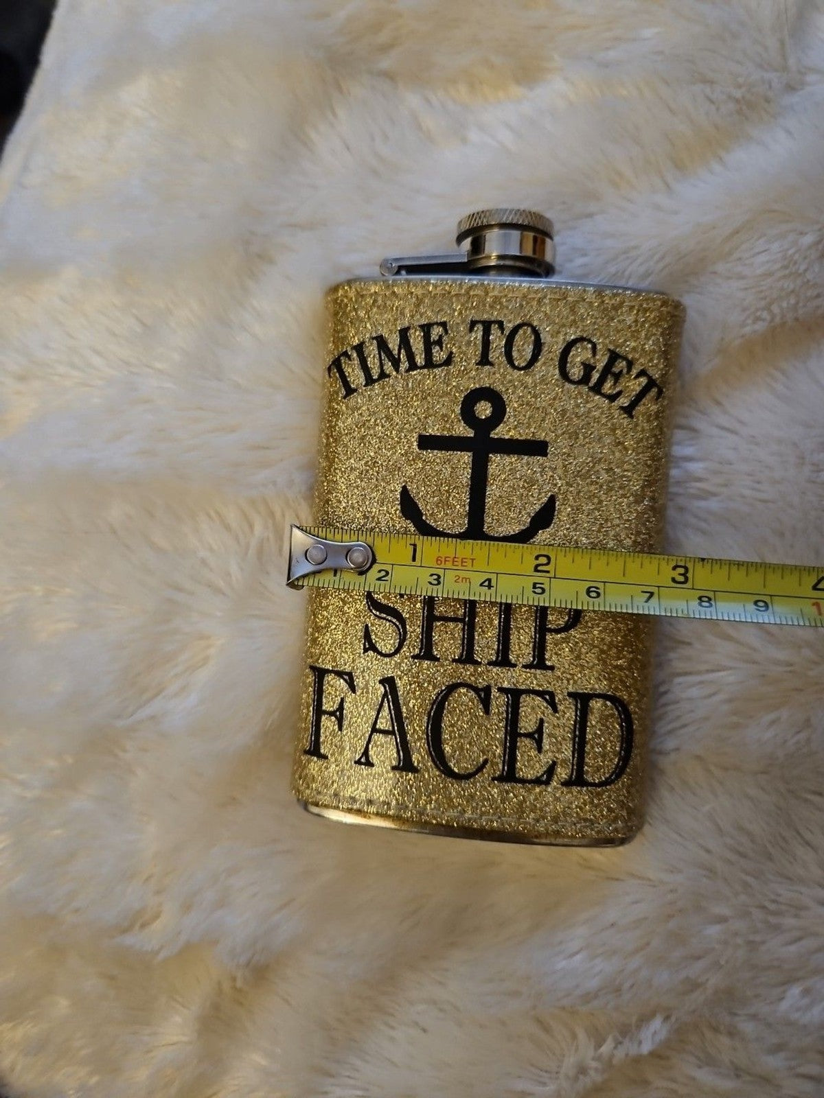 5oz "Time To Get Ship Faced" Stainless Steel Drink Flask Gold Glitter
