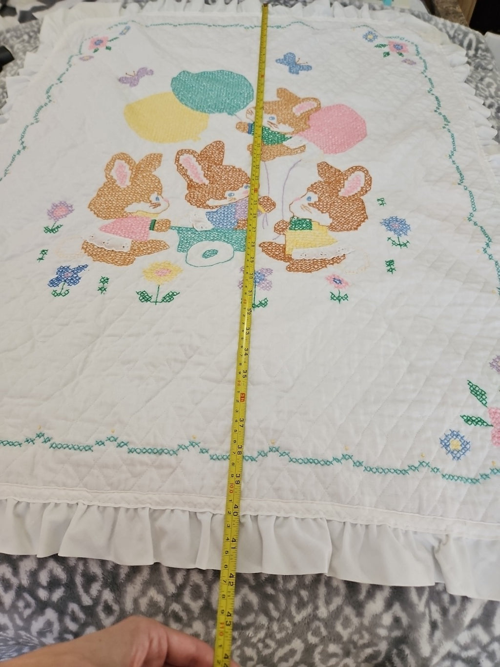 Handmade Baby Blanket Embroidered Cross Stitch Bunnies Ruffled Edge 42" X 33"