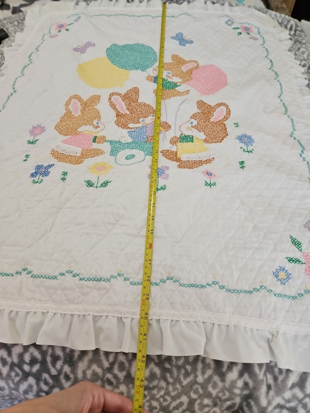 Handmade Baby Blanket Embroidered Cross Stitch Bunnies Ruffled Edge 42" X 33"