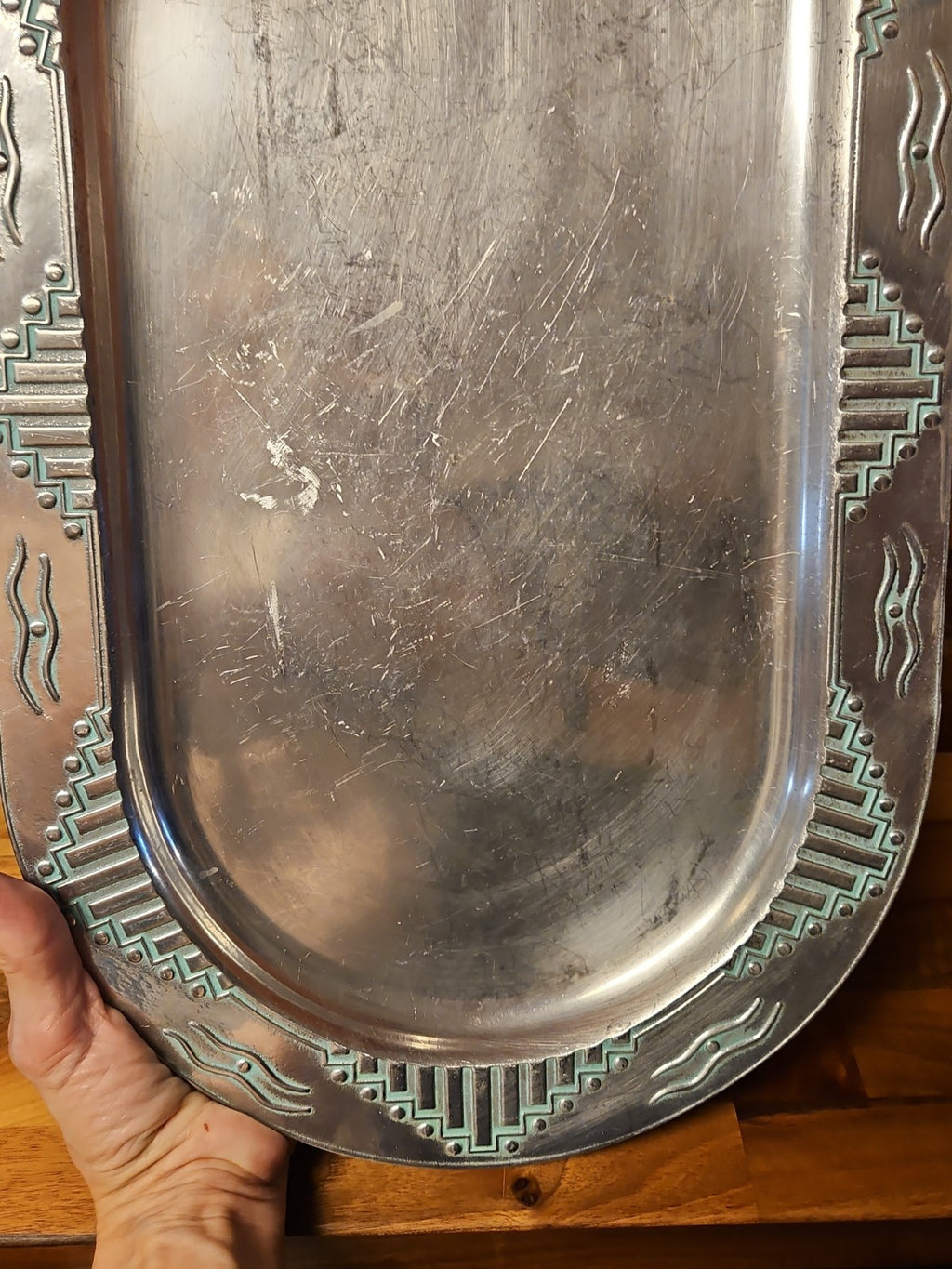 Vintage Wilton Armetale Zia Turquoise Southwestern Oval Serving Platter  18.5"