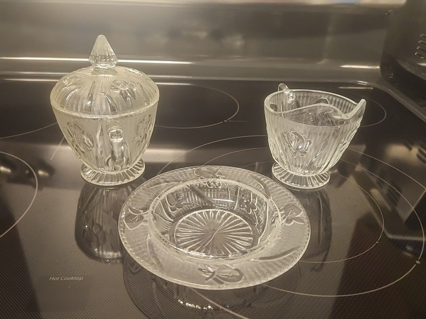 Vintage Jeanette Iris Herringbone Creamer, Sugar Bowl with Lid & Candy Dish