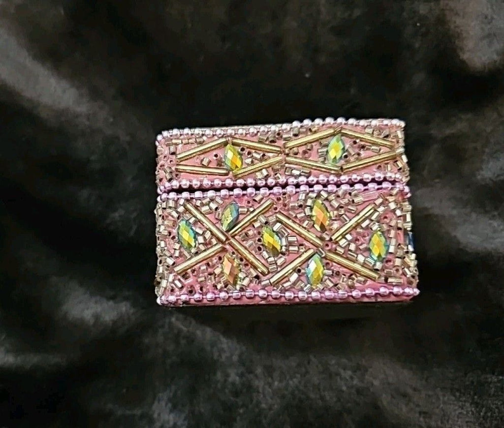 Cute Vintage Look Painted Beaded Trinket  Box With Cat Image And Wooden Inside