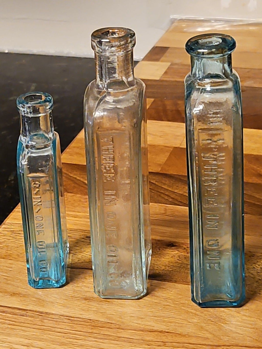 Set Of 3 Sec Gen 1900's Antique Three In One 3 in 1 Oil Co Blown Glass Bottles