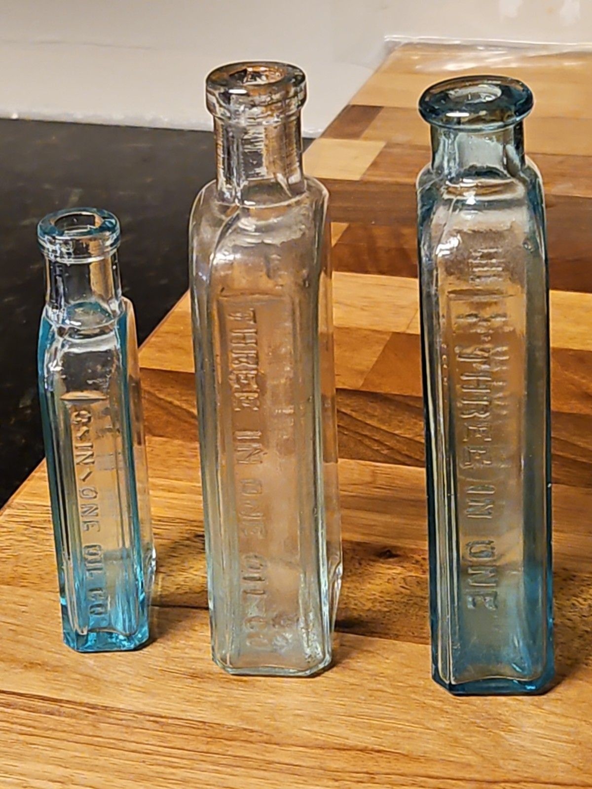 Set Of 3 Sec Gen 1900's Antique Three In One 3 in 1 Oil Co Blown Glass Bottles