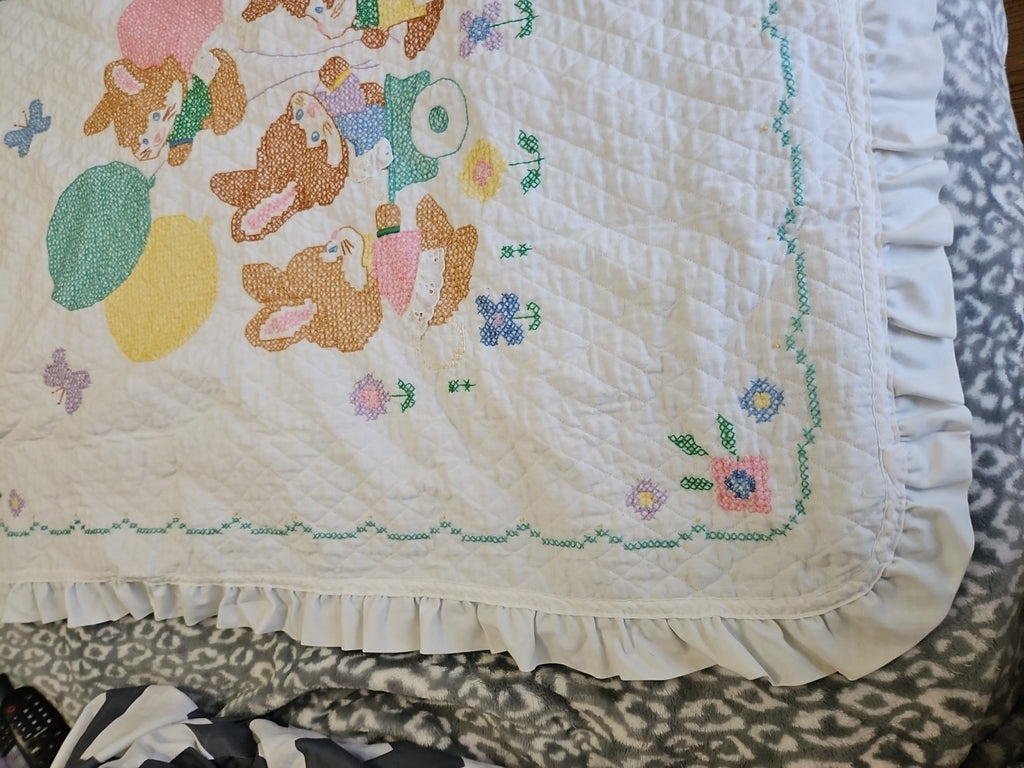 Handmade Baby Blanket Embroidered Cross Stitch Bunnies Ruffled Edge 42" X 33"