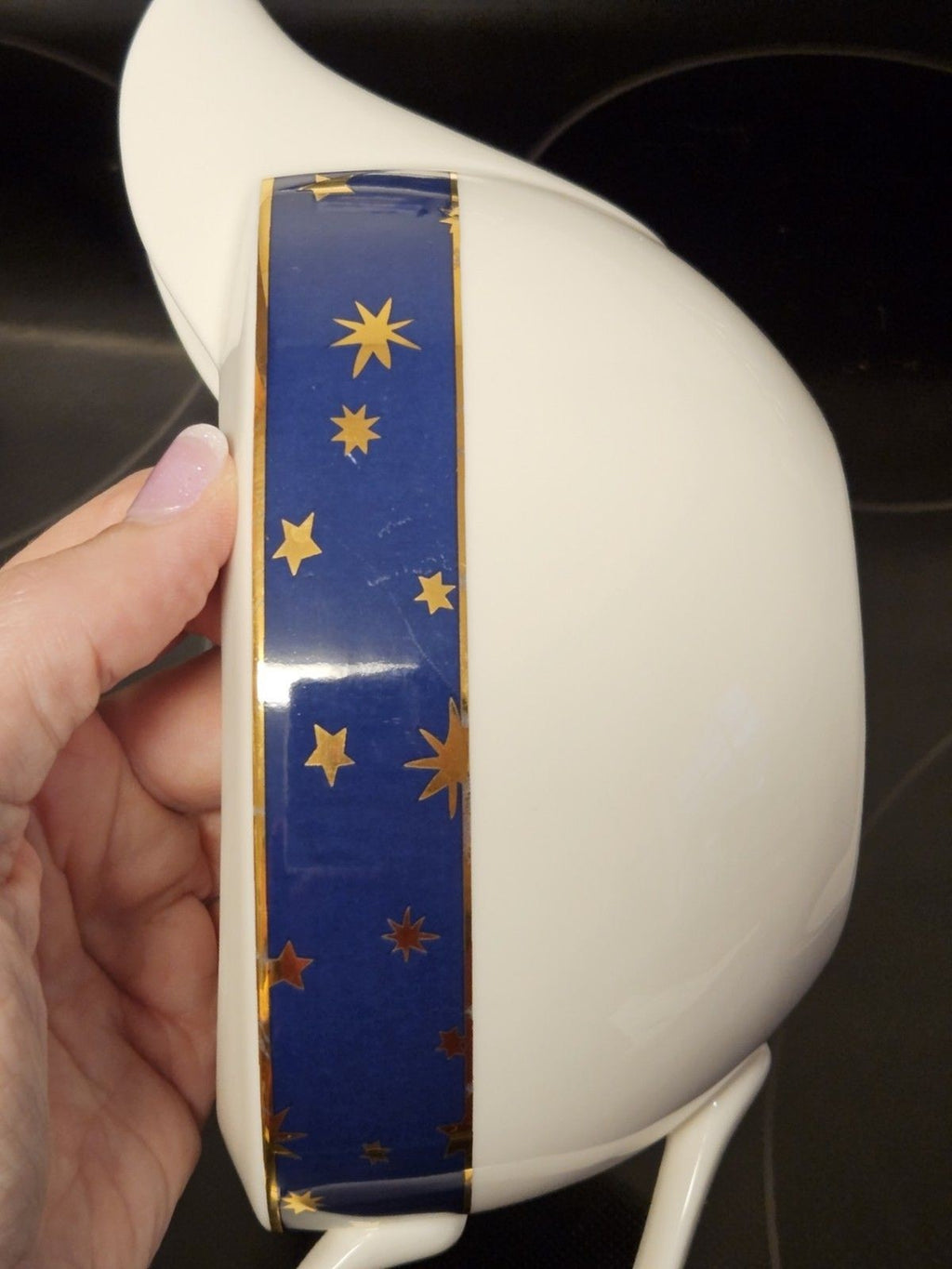 Galaxy By Sakura Gravy Boat & Saucer Celestial Blue Gold Stars Porcelain