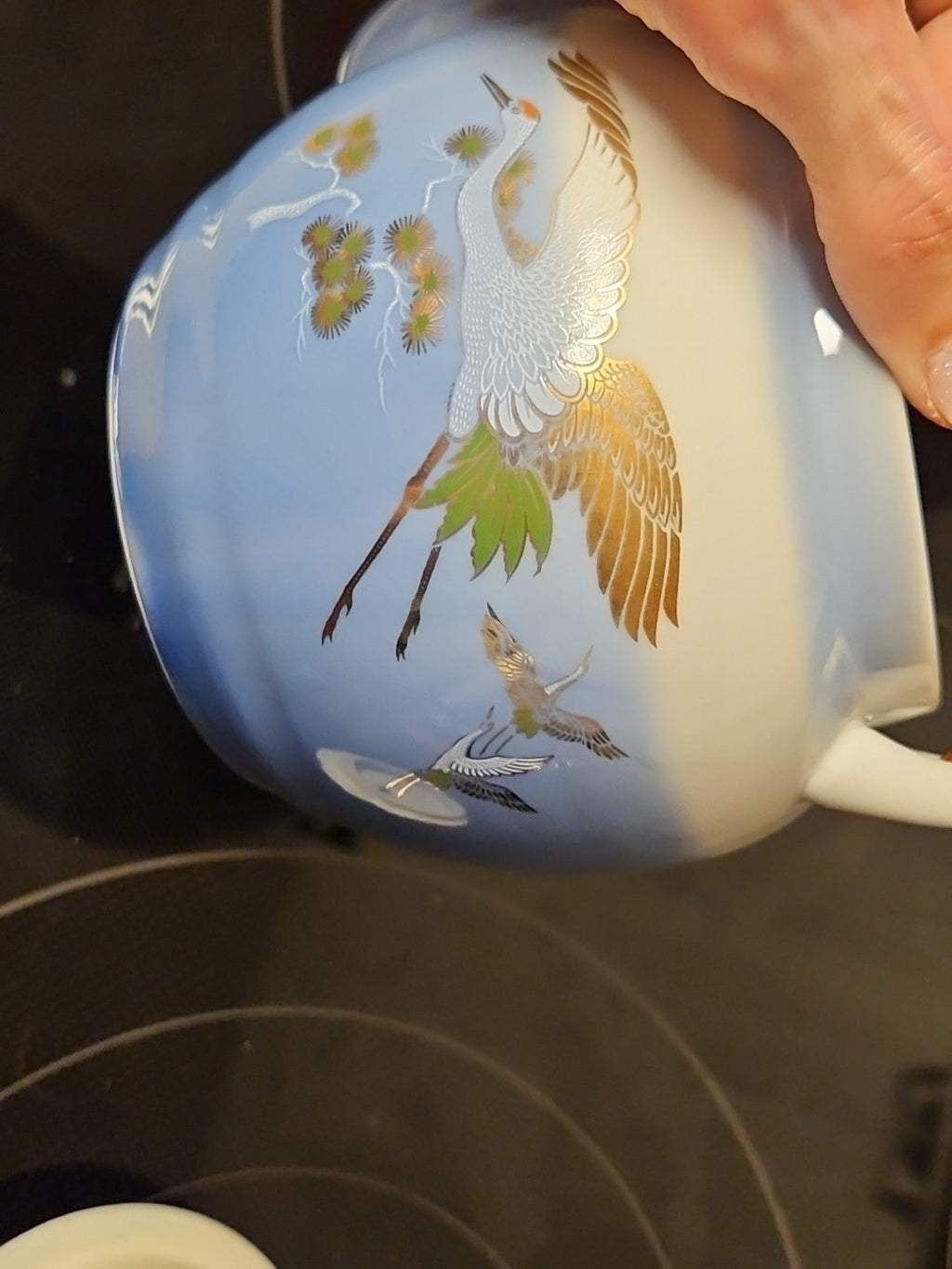 Vintage Blue Porcelain Tea Pot with Straw Handle Japanese Cranes Gold Accent EUC
