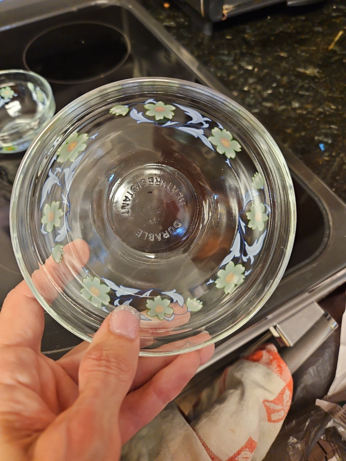 Set Of 4 Imperial Glass Green Sunflower Blue Leaves Nesting Bowls EUC