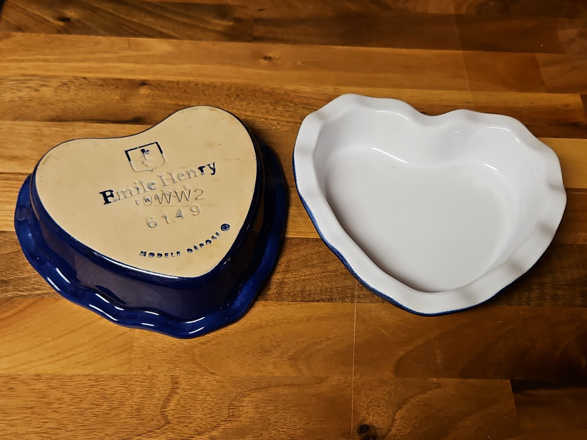 Set Of 2 Emile Henry Fluted Edge Heart Shaped Blue & White Baking Dishes #6149