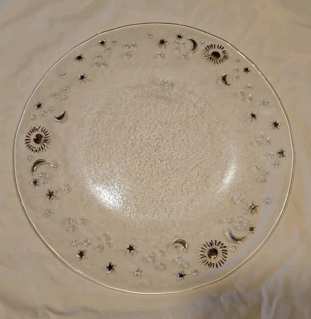 IVV Hand Painted Clear Glass Celestial Moon, Stars, Sun Plate 13.5" Gold Accents