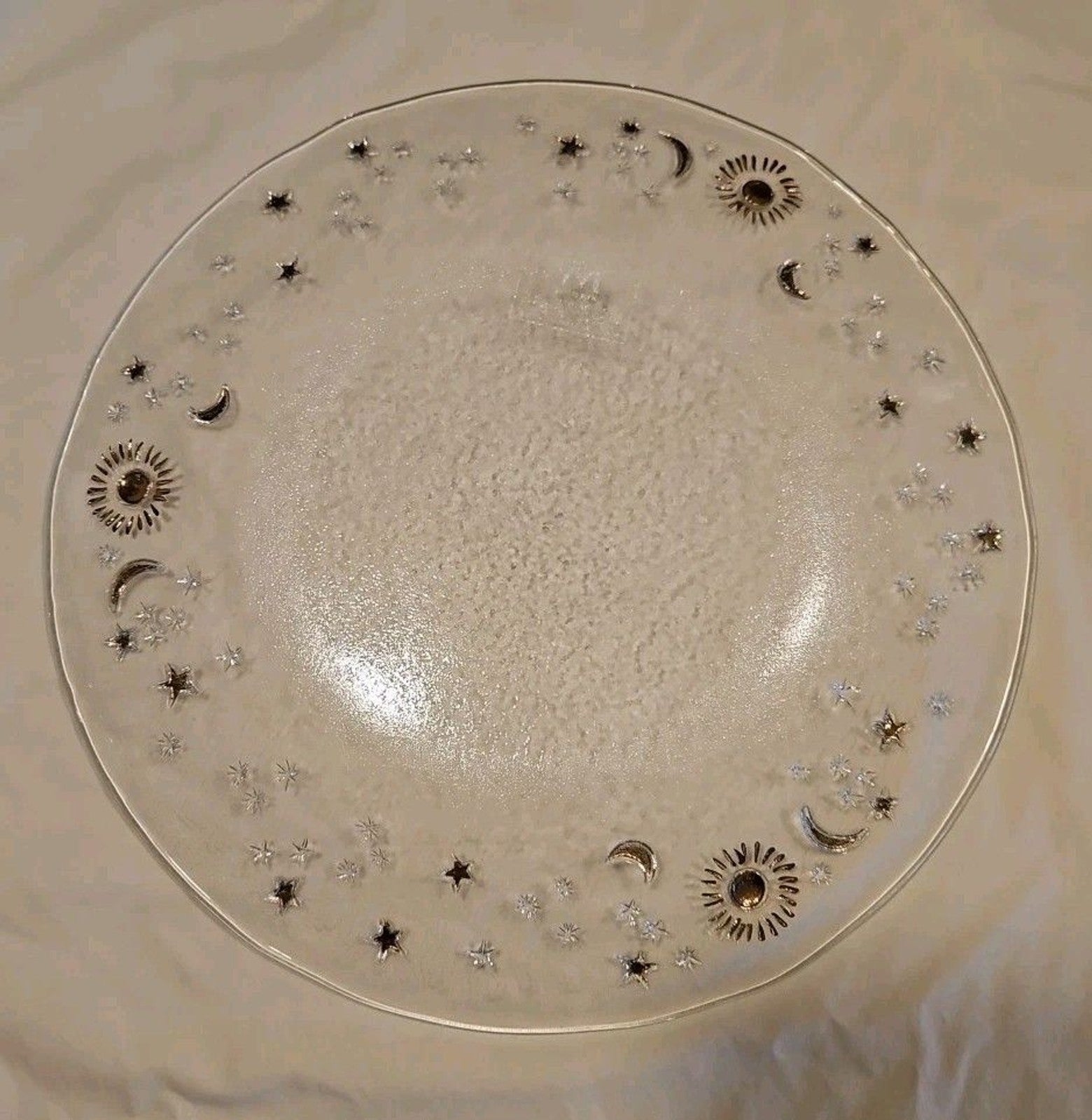 IVV Hand Painted Clear Glass Celestial Moon, Stars, Sun Plate 13.5" Gold Accents