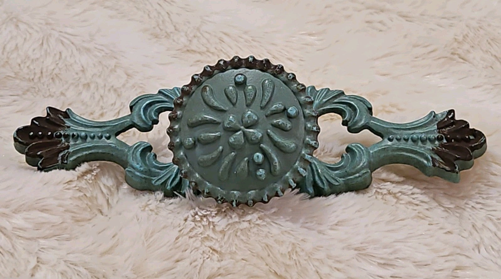 French Vintage Style Teal Blue Metal Rustic Distressed Drawer Pull W/ Back Plate