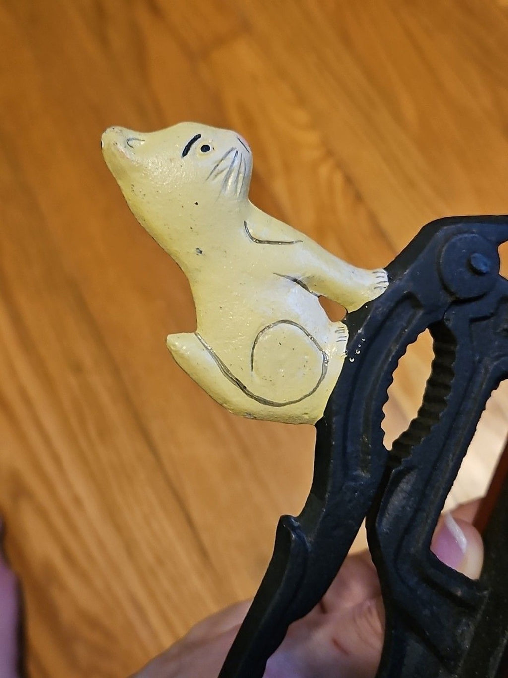 Vintage Cast Iron White Cat Nutcracker On Wooden Base