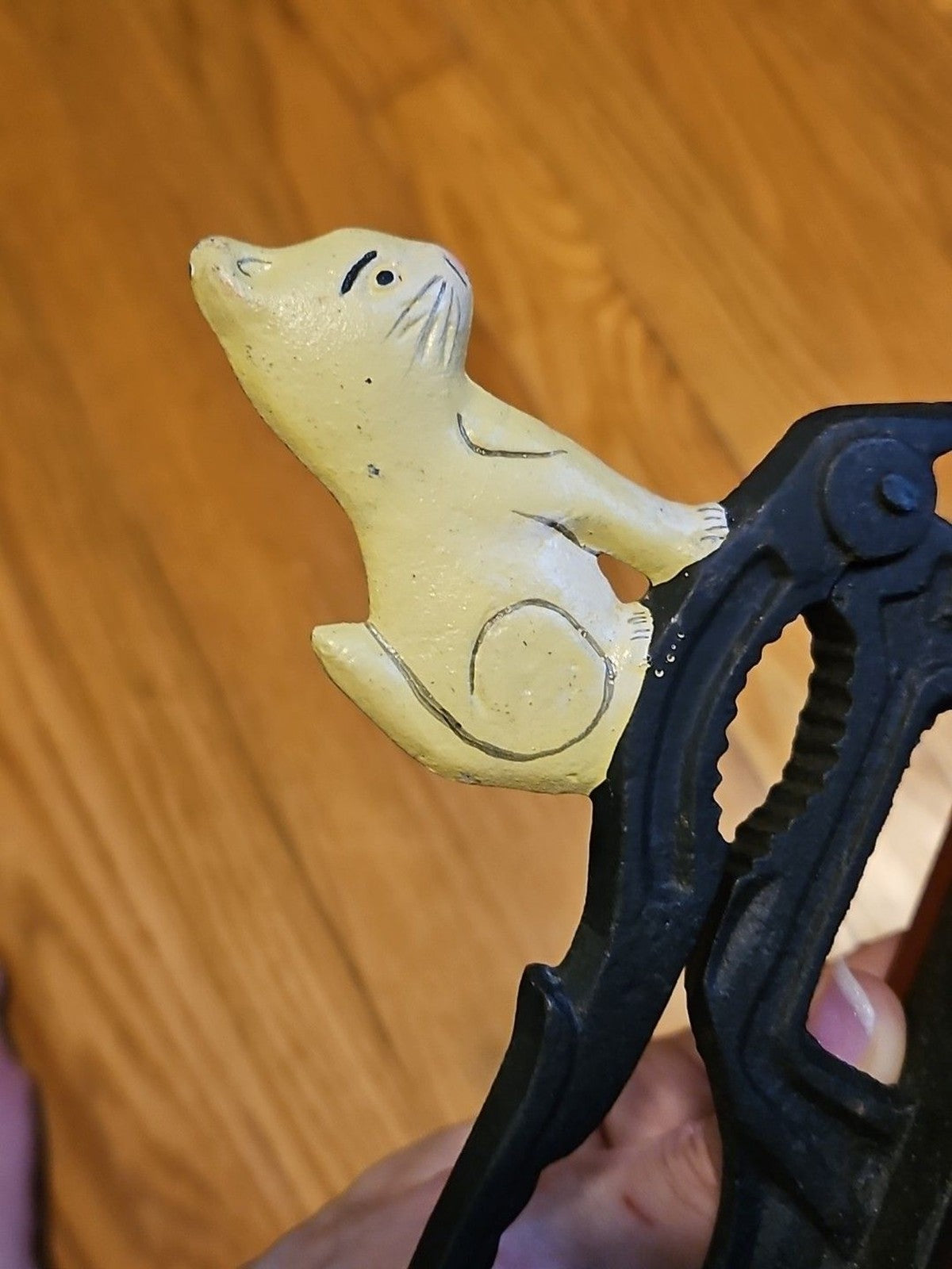 Vintage Cast Iron White Cat Nutcracker On Wooden Base