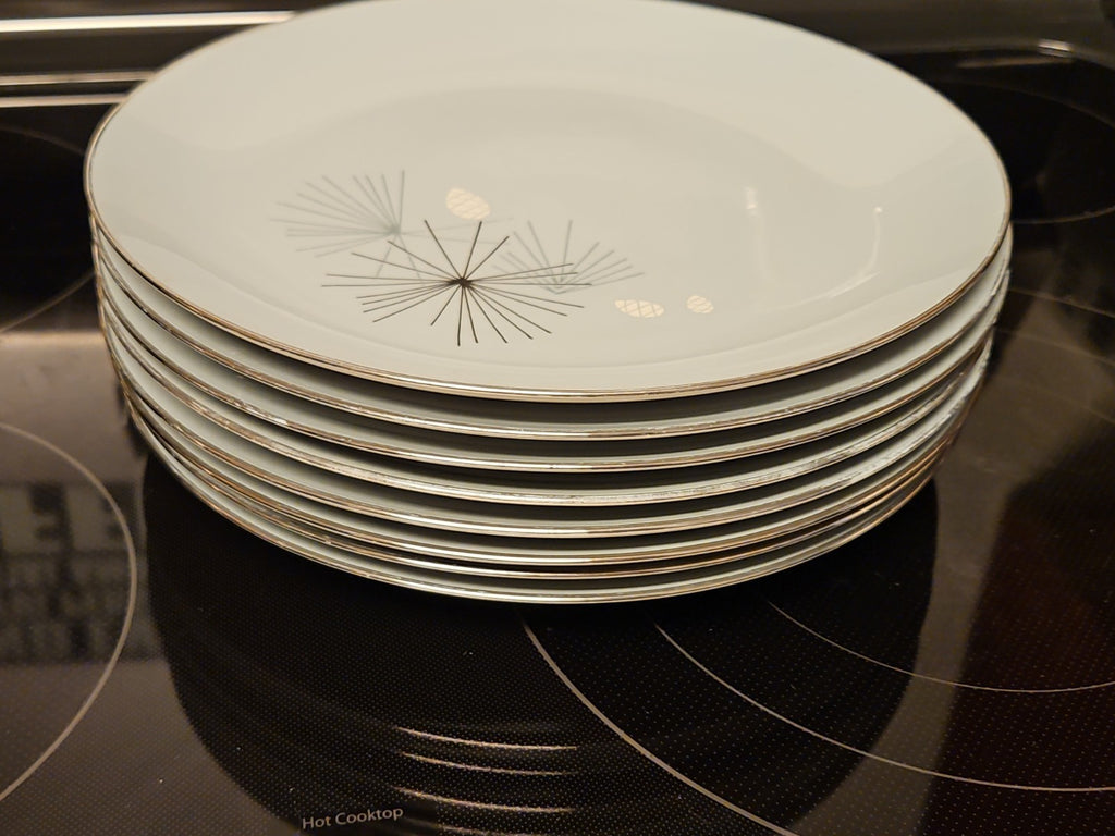 Set Of 8 Vintage MCM Franciscan Silver Pine Dinner Plates 10.5" Platinum Rim