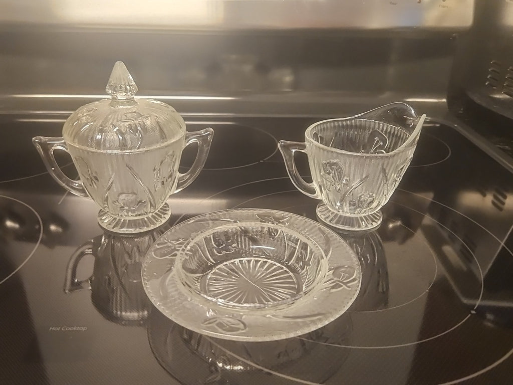 Vintage Jeanette Iris Herringbone Creamer, Sugar Bowl with Lid & Candy Dish