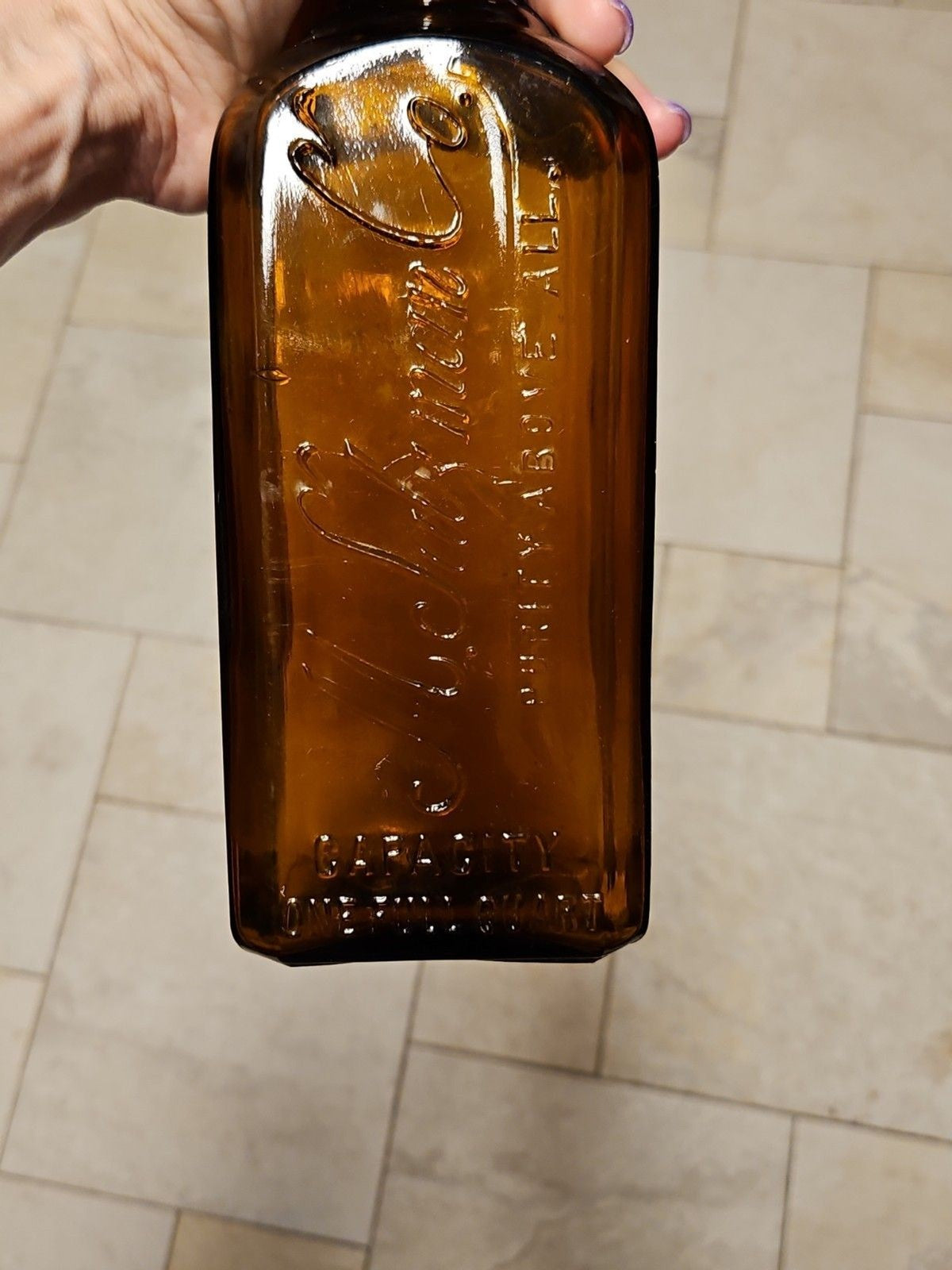 Vintage M. Salzman Co. Purity Above All Brown Amber Hand Blown Whiskey Bottle