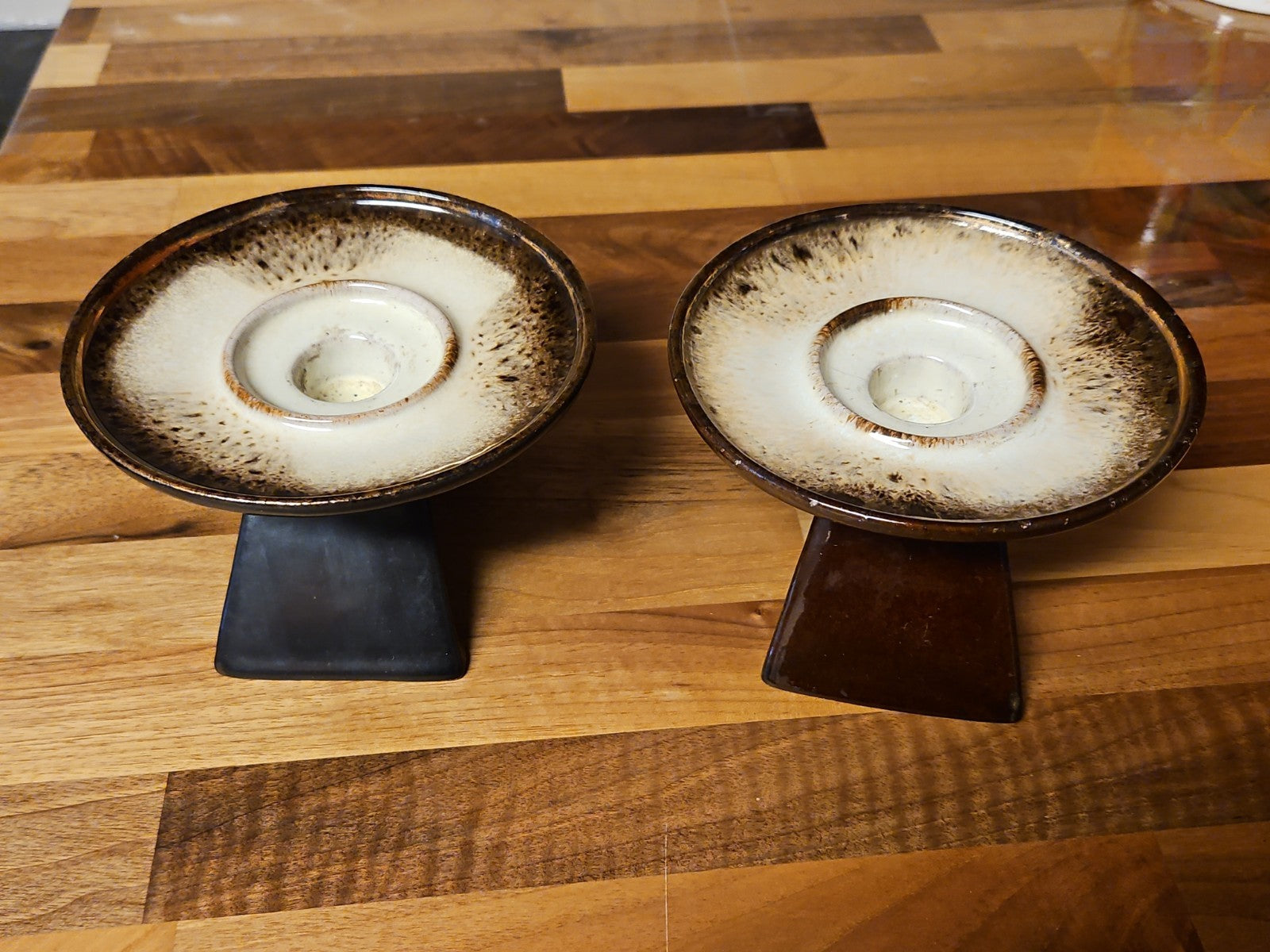 Set Of 2 Vintage MCM Dark Brown Glazed Pottery Taper Holders Candle Holders