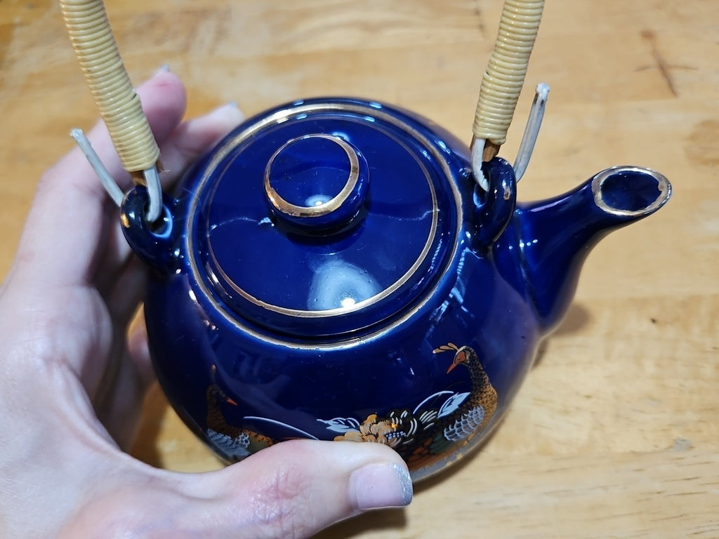 Vintage Japanese Cobalt Blue Tea Set With Gold Peacock Design - Teapot W/ 4 Cups