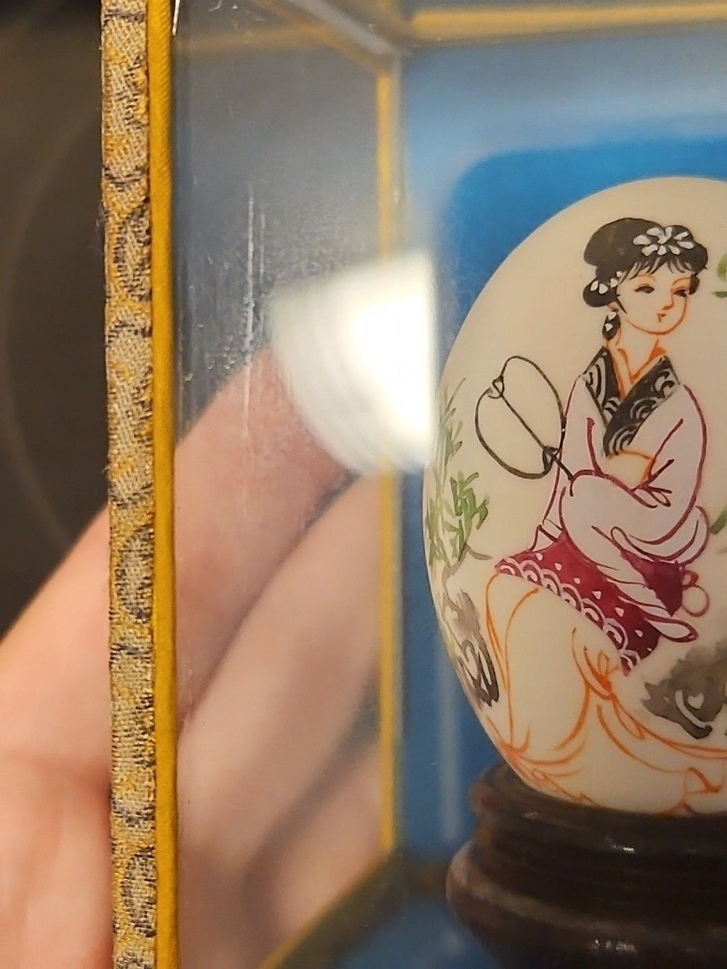 Vintage Chinese Art Hand Painted Egg Shell Woman With Fan Encased In Box 3"x5"