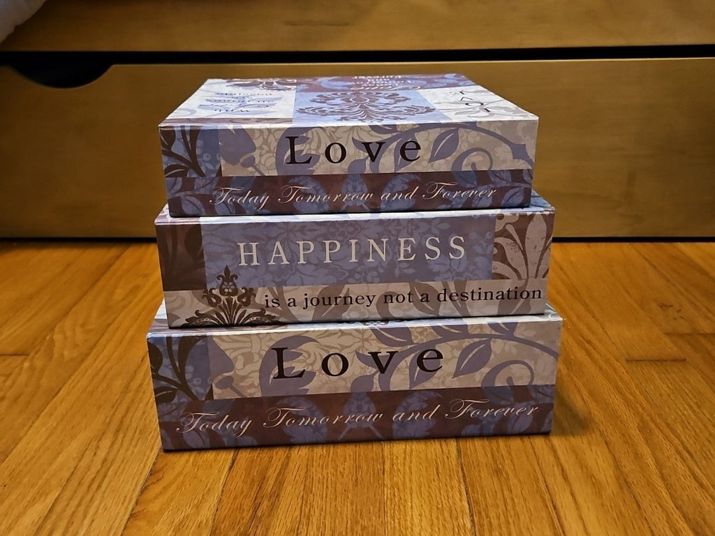 Elegant 3 Pc Nesting Storage Box Set Purple Fleur De Lis Love Laugh Happiness