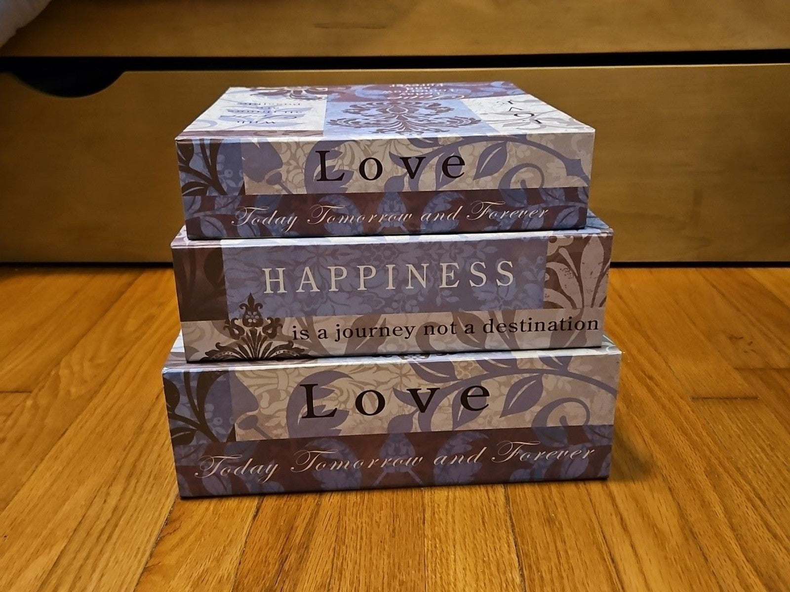Elegant 3 Pc Nesting Storage Box Set Purple Fleur De Lis Love Laugh Happiness
