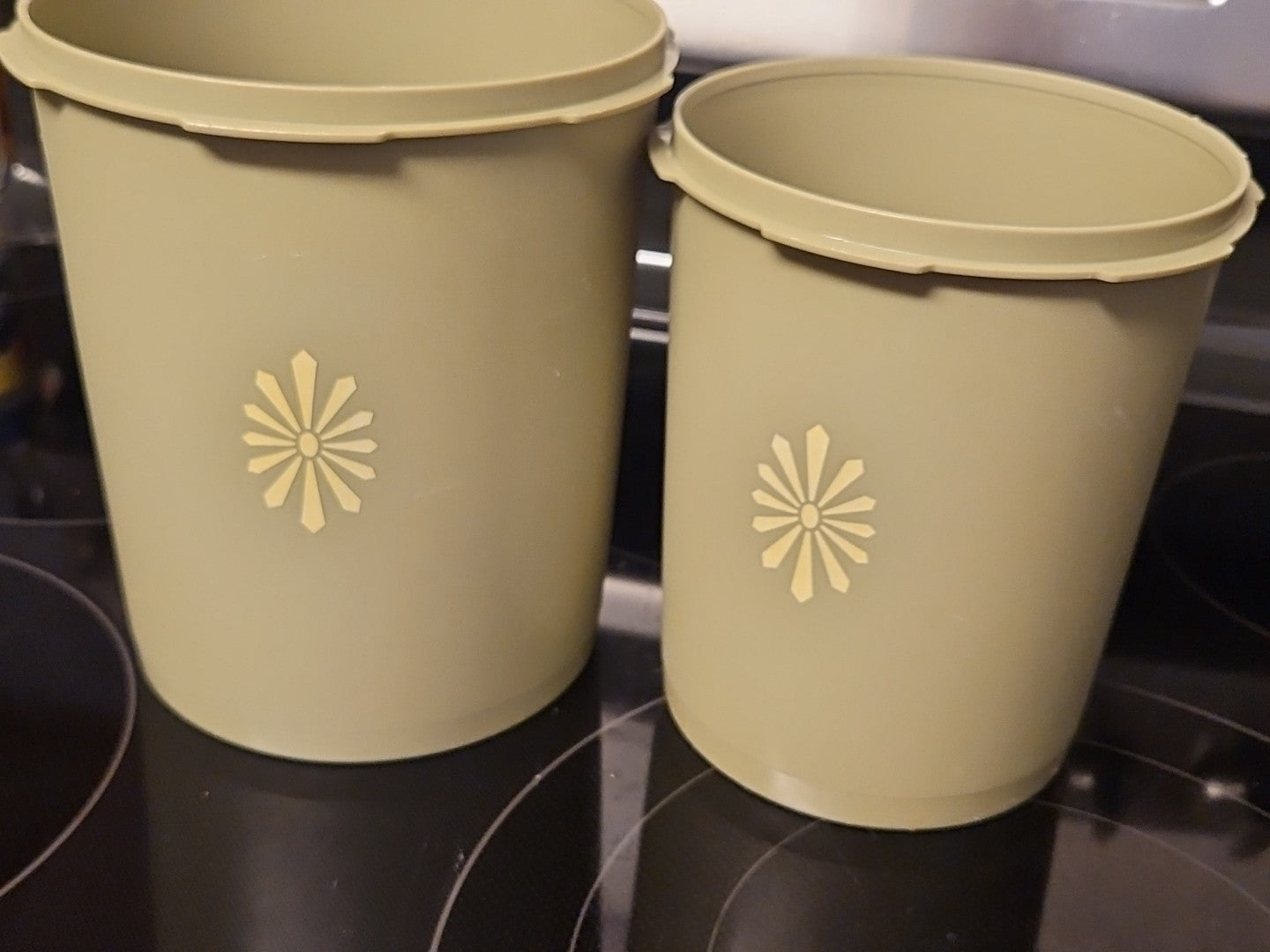 Set Of 2 Vintage Tupperware Olive Canisters #807 & #809 W/ 1 Sheer Lid #810