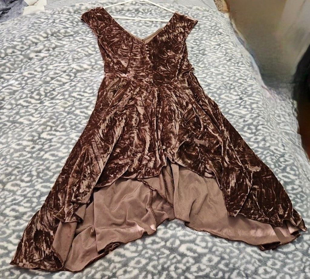 Silence + Noise Corina Crushed Velvet Brown Asymmetrical Button Detail Dress M