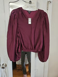 NWT Express V-Neck Balloon Sleeve Elastic Waist Burgundy Wine Top, Size S