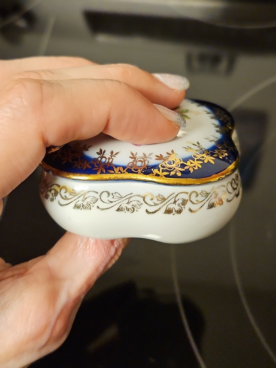 Hand Painted Porcelain Cobalt Blue German Floral Trinket Box Gold Detail