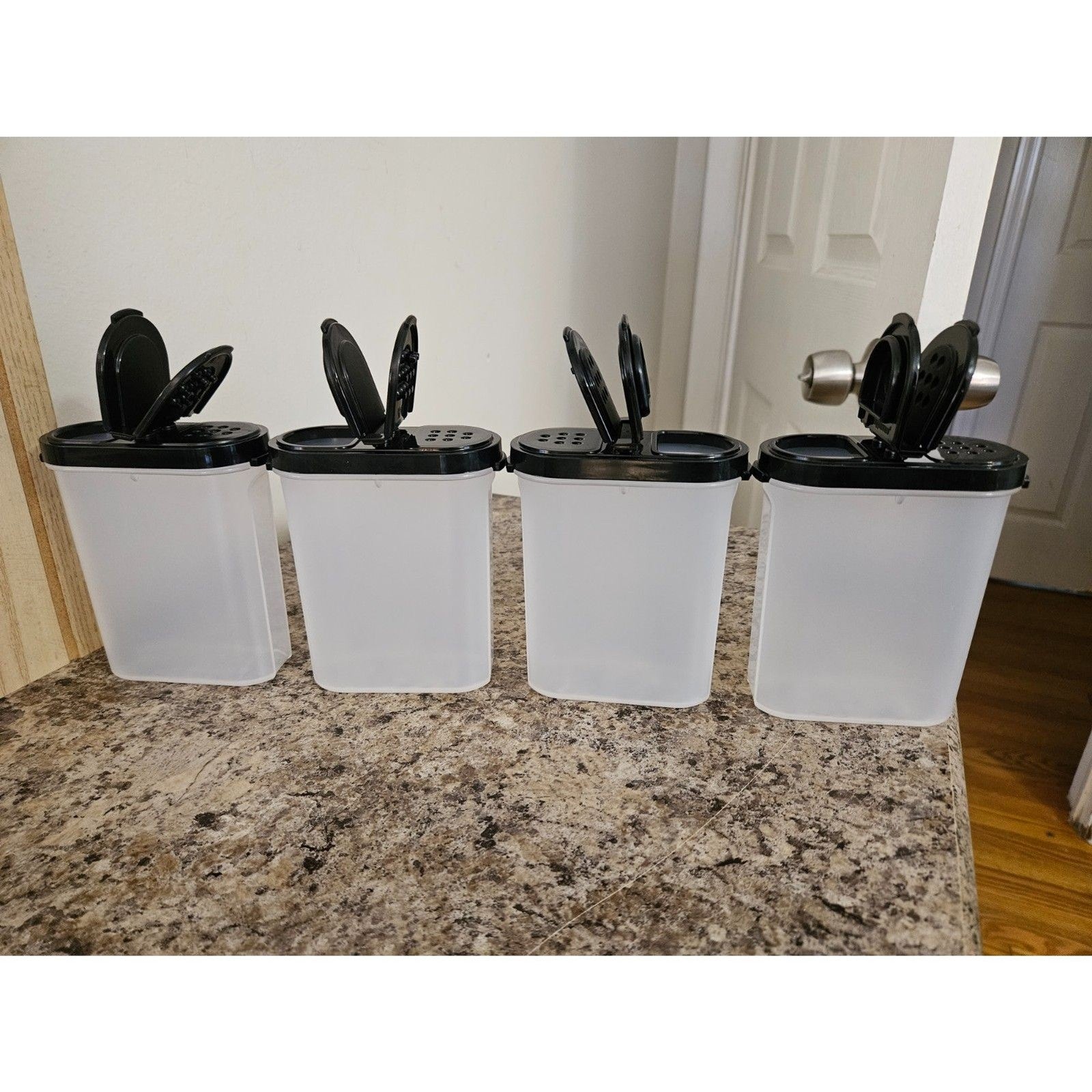 Tupperware Large Spice Shakers Set Of 4 With Black Lids EUC