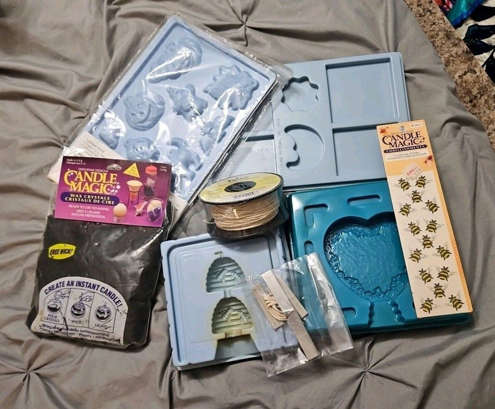 LOT OF CANDLE MAKING SUPPLIES - 4 MOLDS, CANDLE STICKERS, WICK, WAX NEW & USED