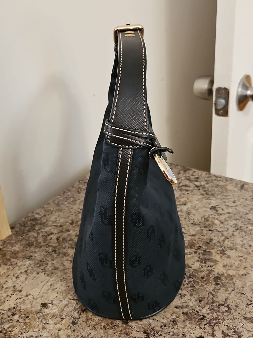 Vintage Dooney & Bourke Black Signature Monogram DB Canvas Mini Hobo Bag Purse